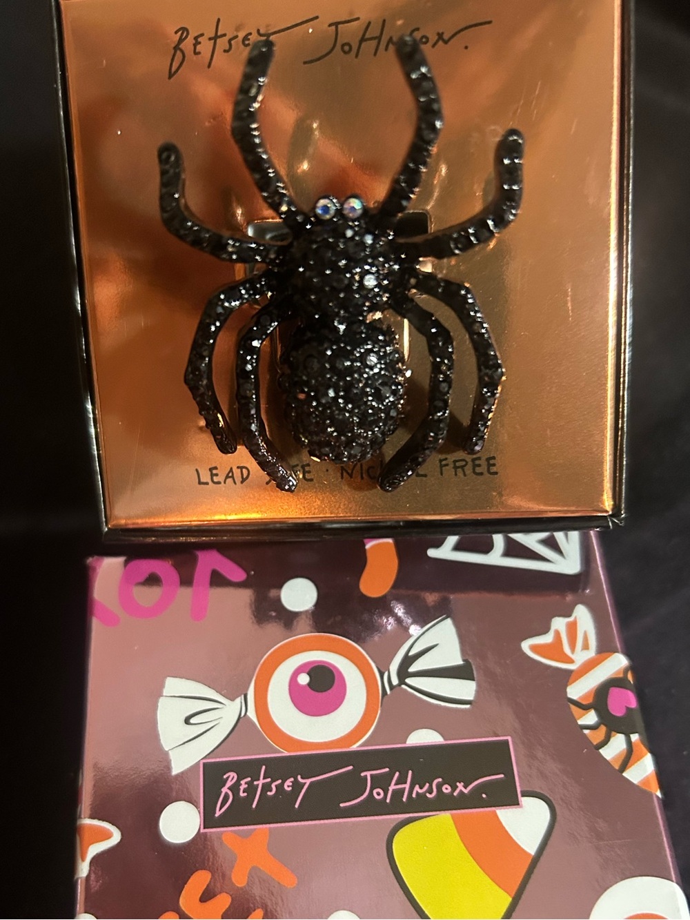 Betsey Johnson Black Glitter Spider Ring